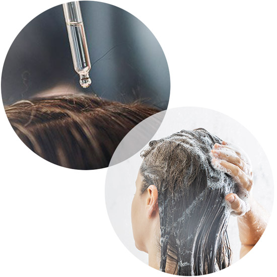 Die Kopfhaut muss gepflegt und gereinigt werden. Pipette auf Kopfhaut und shamponierte Haare