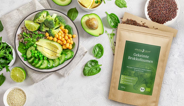 Sprouted broccoli seeds in shells, packaging and salad