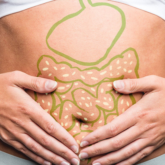 Hands on stomach with illustrations of the intestines