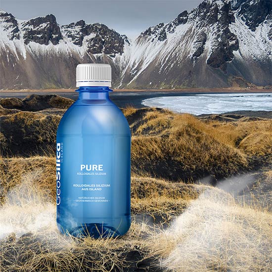 Kolloidales Silizium - GeoSilica aus Island Produkt GeoSilica Pure im Hintergrund Island