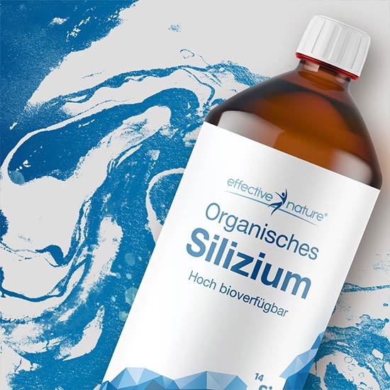 Organisches Silizium von effective nature Produktbild organisches Silizium im Hintergrund blaue Farbstriche