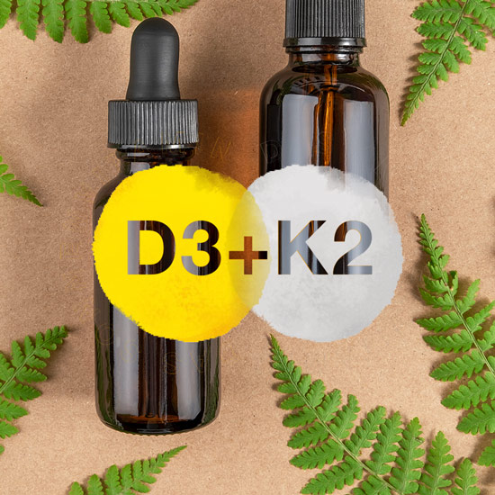 Vitamin D3 K2 abgebildet in 2 braunen Flaschen