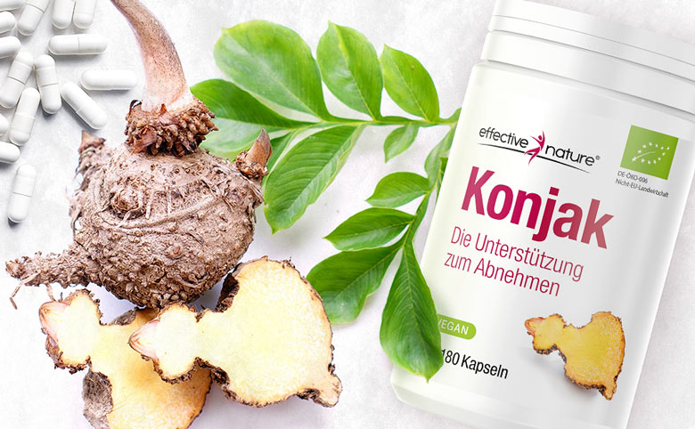 Product image with container and konjac root