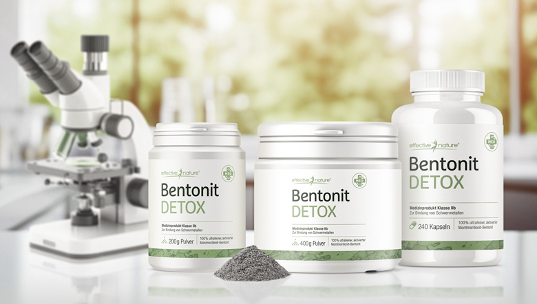 Bentonit Kapseln Bentonit Kapseln und Pulver auf Tisch