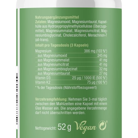 Magnesiumkomplex mit Vitamin D3 & K2 Kapseln - 90 Stk. - 52g