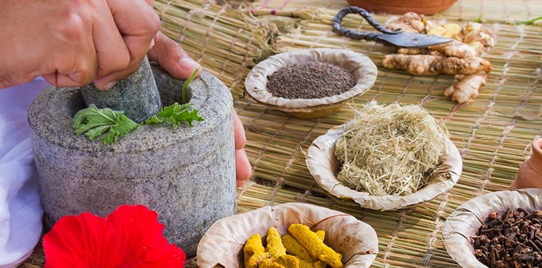 Verschiedene ayurvedische Gewürz und ein Mörser