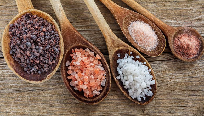 5 Löffel mit verschiedenen Salz-Arten
