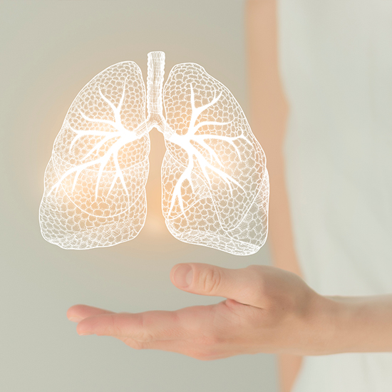 Graphische Abbildung der Lungenstruktur in leuchtender Kontur auf der Silhouette einer Person, symbolisch für Atmung und Lebenskraft.