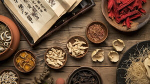 Eine Auswahl an traditionellen chinesischen Kräutern und Heilpflanzen, arrangiert in Schalen auf einem Holztisch, neben einem alten Medizinbuch.