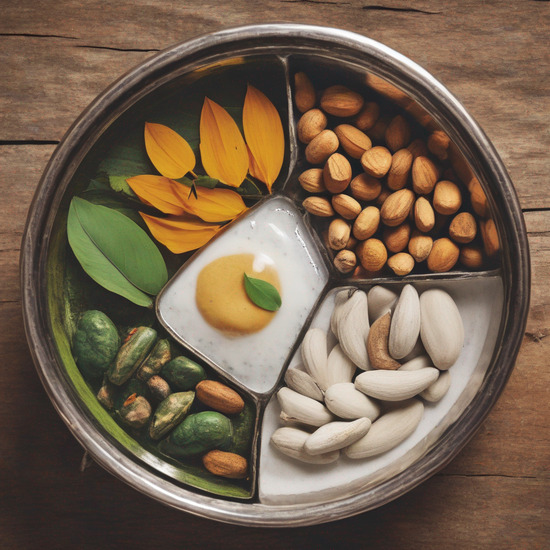 Eine Auswahl an Nüssen und Blättern in einem Metallbehälter für ayurvedische Balance.