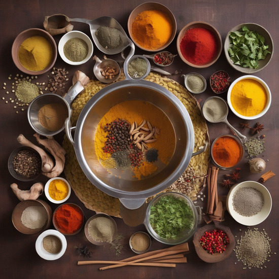 Verschiedene Gewürze und Hülsenfrüchte, arrangiert um einen Kochtopf für ayurvedische Küche.