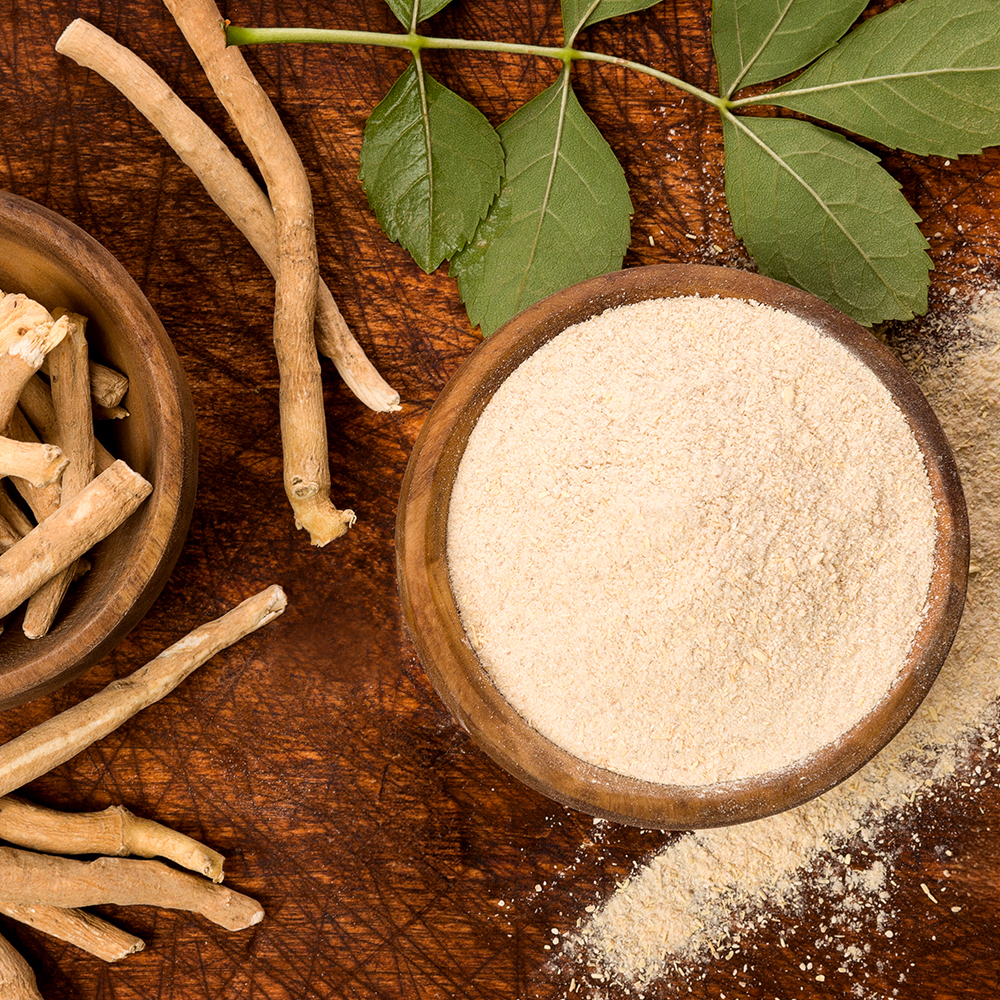 Ashwagandha-Wurzeln und gemahlenes Wurzelpulver